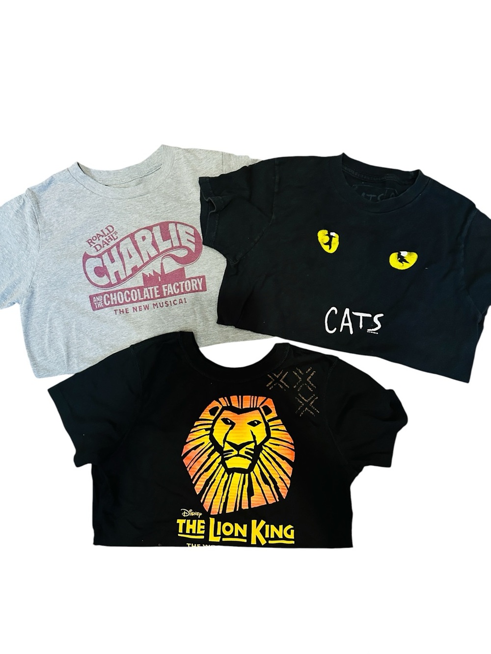 Broadway Musicals Youth T-shirts Bundle of 3 YM Chocolate Factory/Cats/Lion King